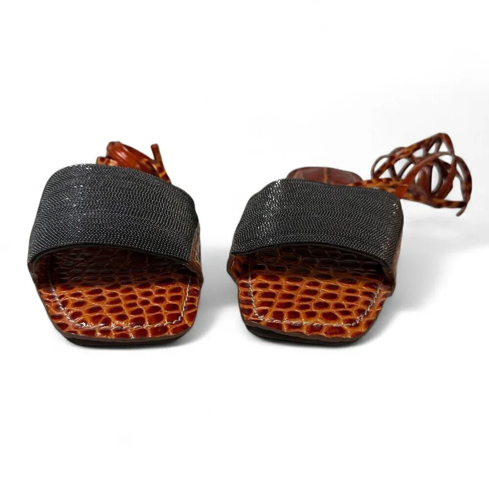 Brunello Cucinelli Women's Orange & Brown Croc Embossed Flat Sandals Sz 37 NWOB